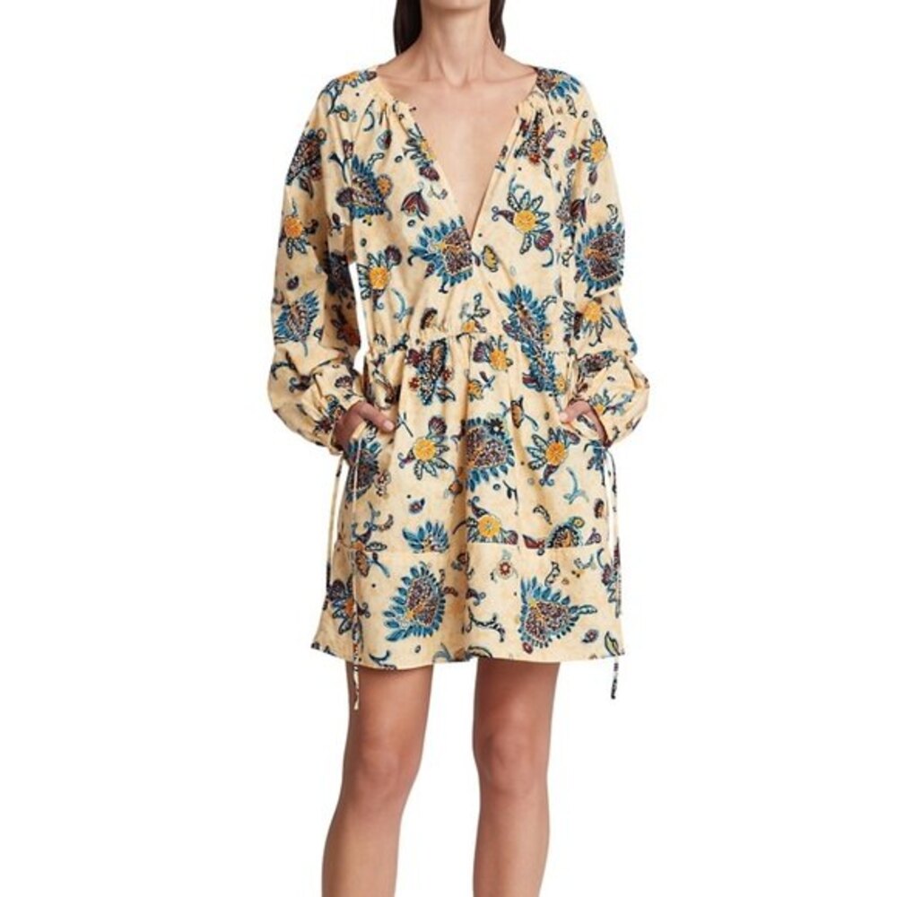 A.L.C. Myra Paisley Mini Dress Apricot Orange Yellow 4 Small Cotton Long Sleeve